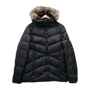 Eddie Bauer Womens Classic Down Hooded Jacket Sz L Quilted Fur Trim Black